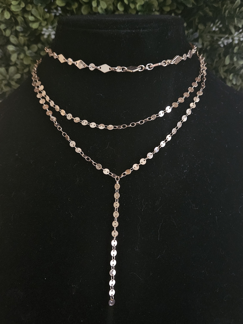 Gold Tone Tiny Disks Chain Multi Strand Necklace W/ Y Drop Signed Bauble Bar
